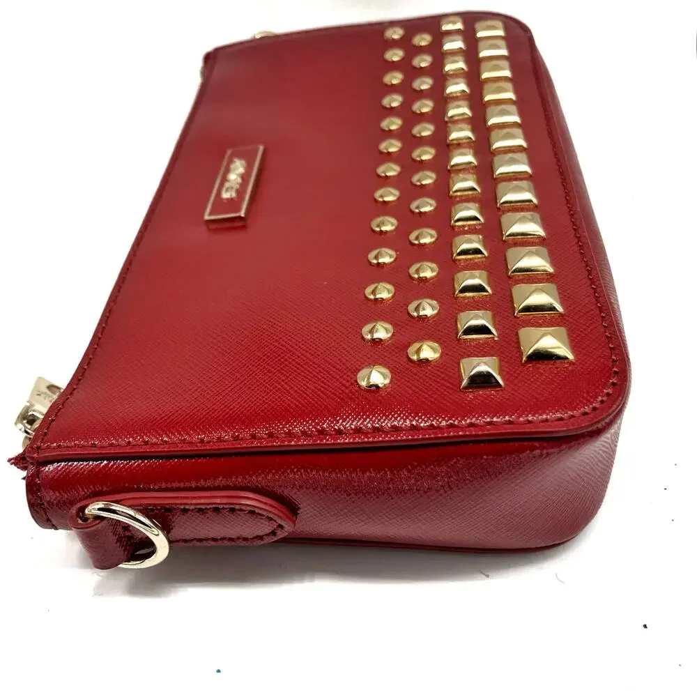 DKNY Red Saffiano Leather Studded Crossbody Clutch, Gold Hardware & Charm NWOT